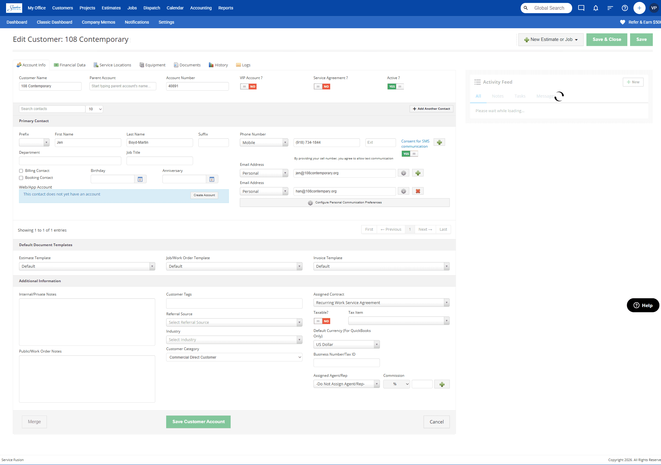 A customer record with service locations, activity history and related jobs.