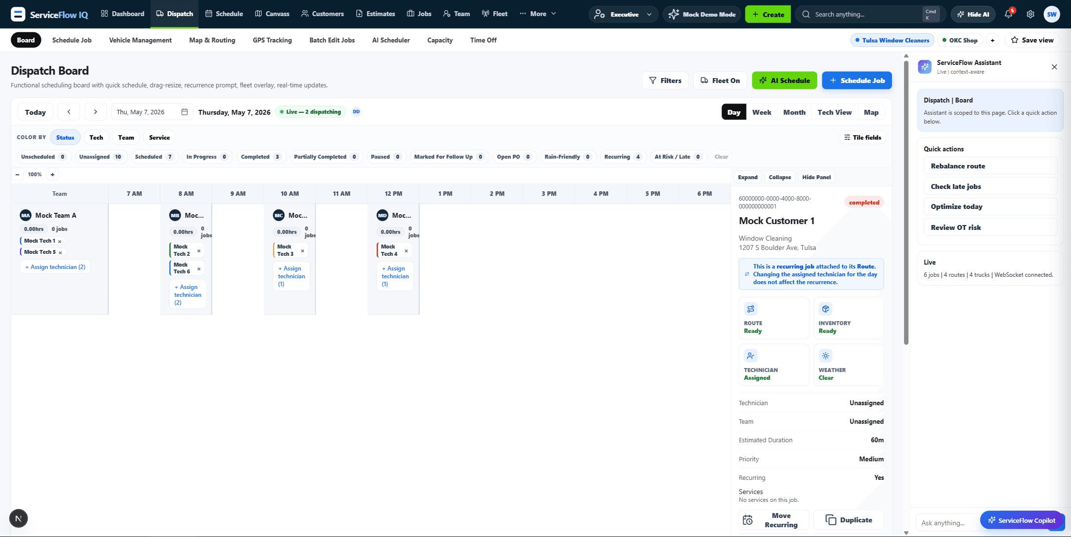 The ServiceFlow IQ dispatch board: a day grid of scheduled jobs by team, with a job detail panel and the AI assistant open alongside.