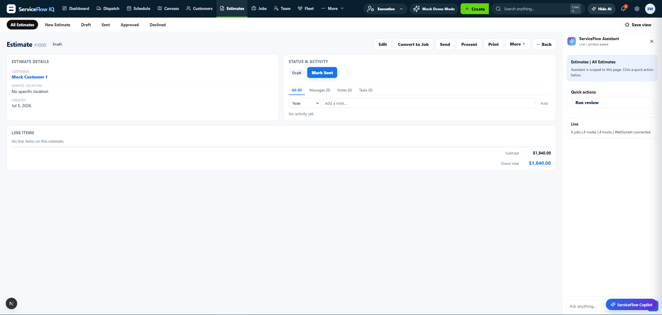 An estimate detail view with line items, totals, and send and convert-to-job actions.