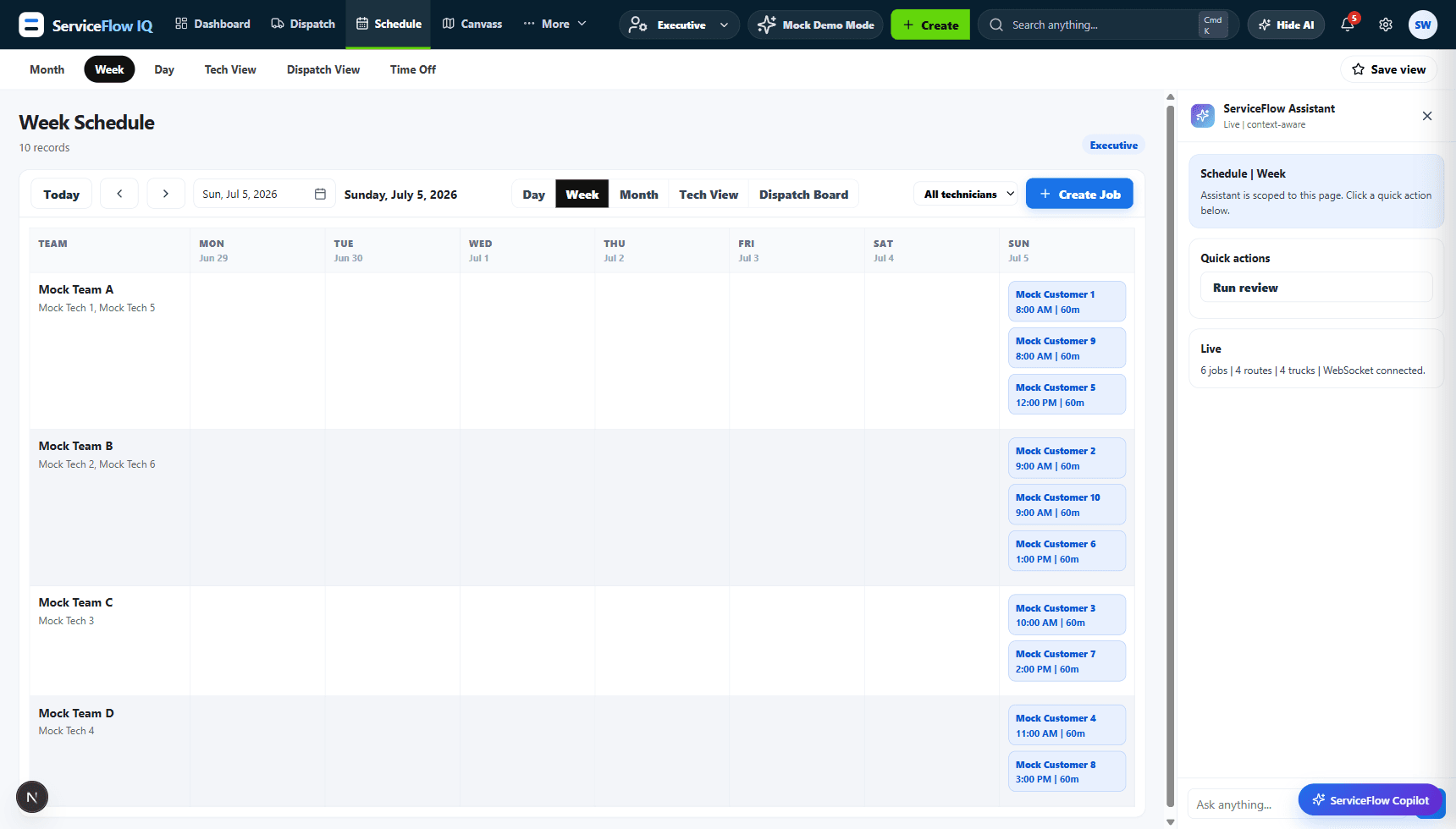 Week view of the schedule with jobs laid out across technician columns.